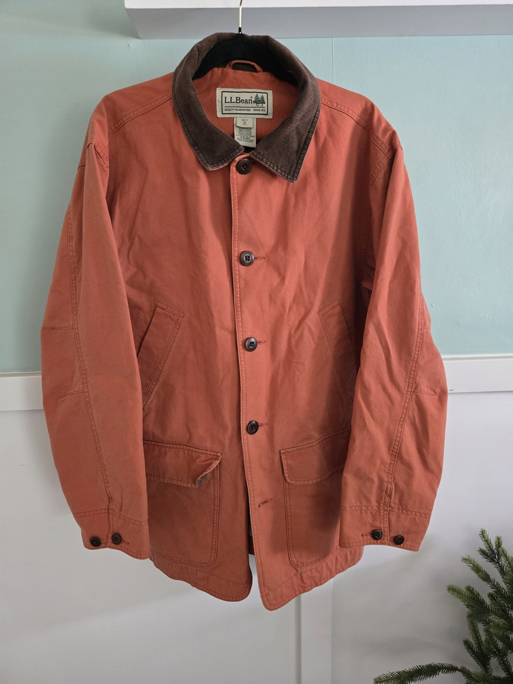 LL Bean Chore Coat Mens Medium Orange Canvas Corduroy Collar Barn Coat Vintage